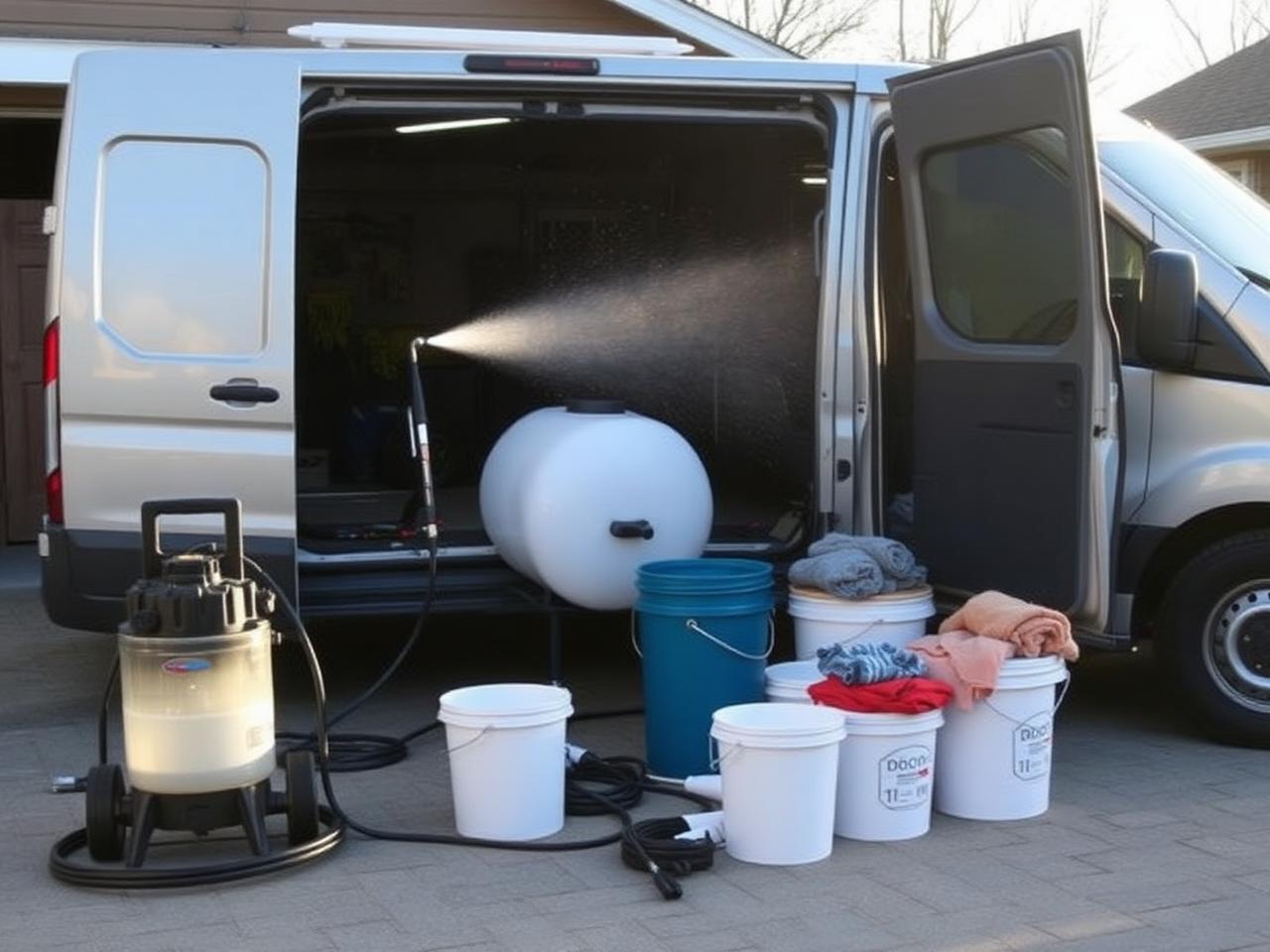 Detailing equipment set up beside a work van